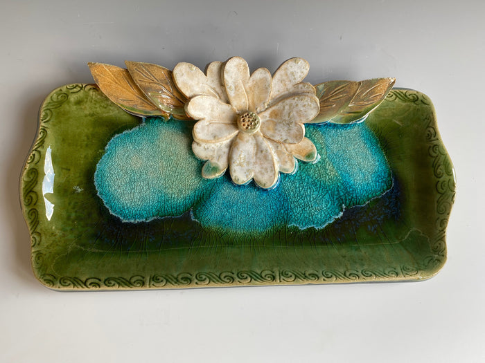 11" Long Green Tray with Hand Made Flower & Melted Glass