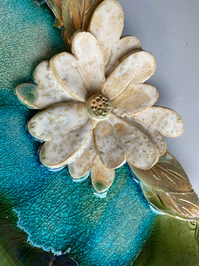 11" Long Green Tray with Hand Made Flower & Melted Glass