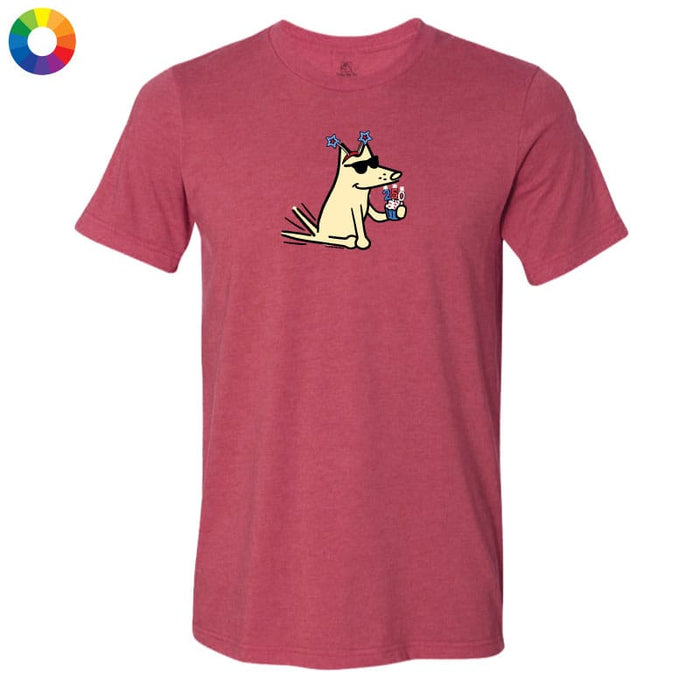 Red t-shirt with a cartoon dog design on a white background