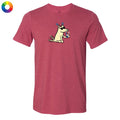 Red t-shirt with a cartoon dog design on a white background