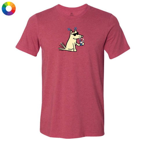 Red t-shirt with a cartoon dog design on a white background