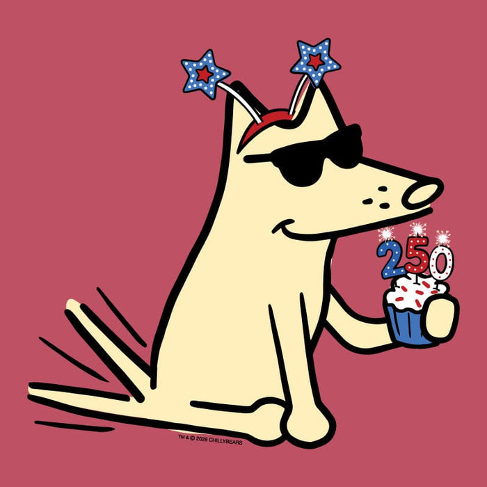 Cartoon dog with sunglasses and party hats holding a birthday cake with candles on a red background