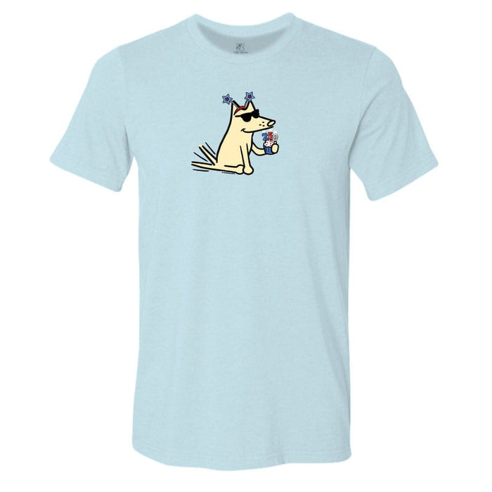Light blue t-shirt with a cartoon dog design on a white background