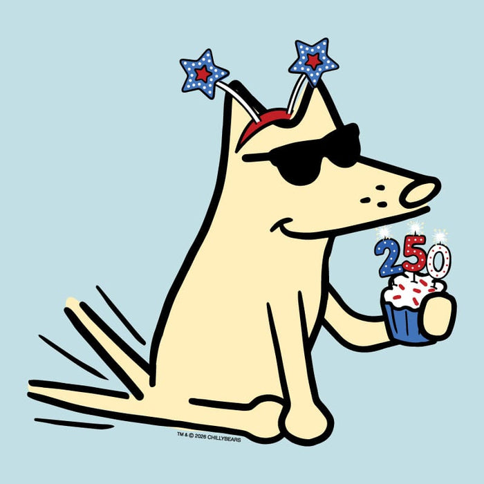Cartoon dog with sunglasses and party hats holding a birthday cupcake with candles on a light blue background