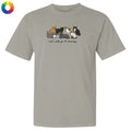 Gray t-shirt with cartoon cats and text on a white background