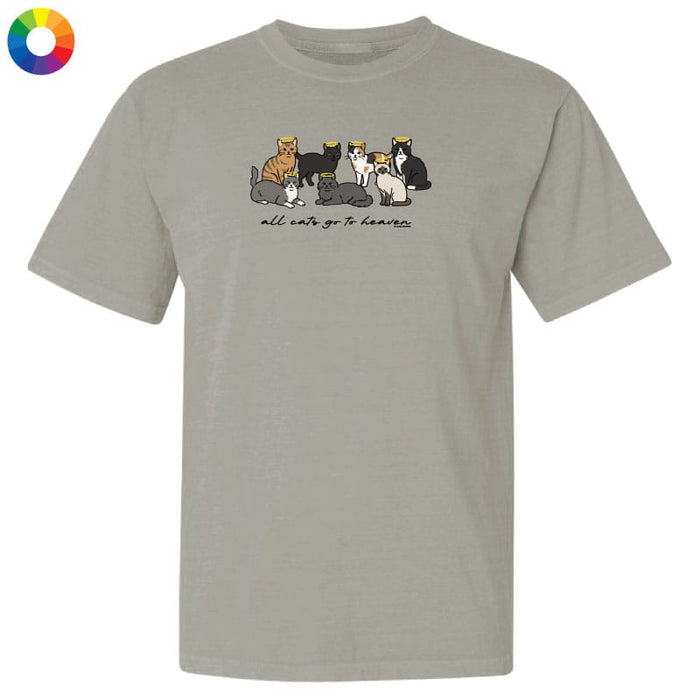 Gray t-shirt with cartoon cats and text on a white background