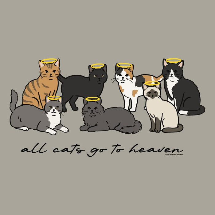 Illustration of seven cats with angel wings and halo on a beige background, with text 'all cats go to heaven'.