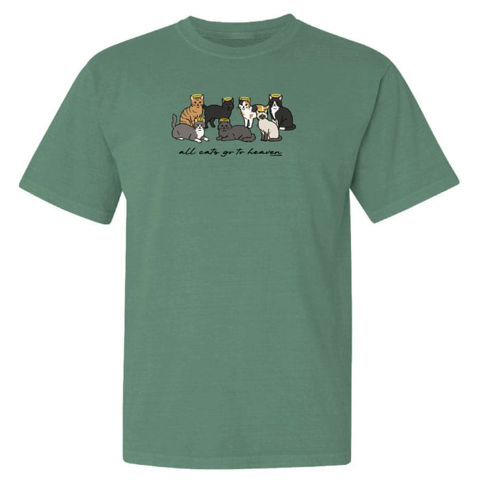 Green t-shirt with cartoon cats design and text on a white background