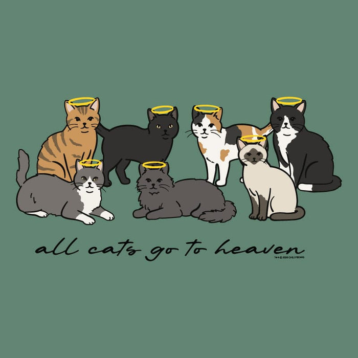 Illustration of seven cats with angel wings and halo on a green background with text 'all cats go to heaven'.