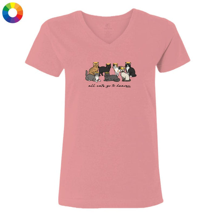 Pink t-shirt with cat illustration and text on a white background