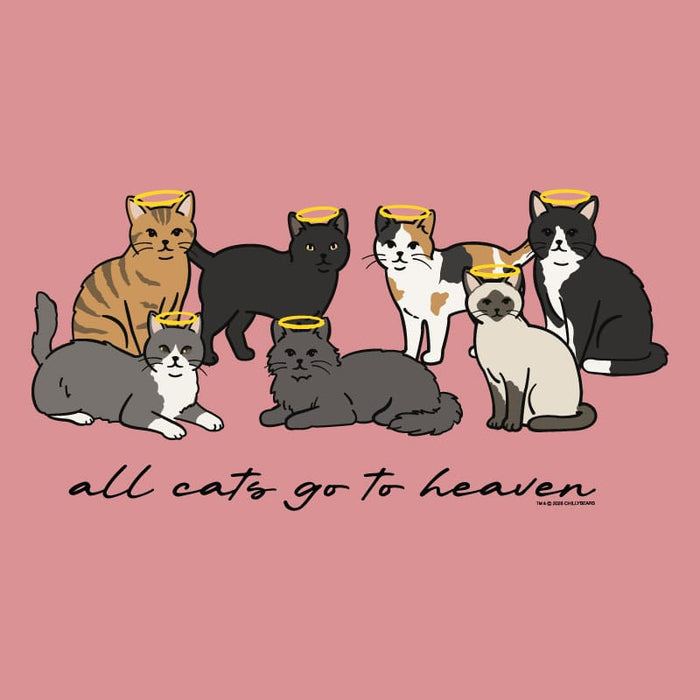 Illustration of six cats with angel wings on a pink background with text 'all cats go to heaven'.