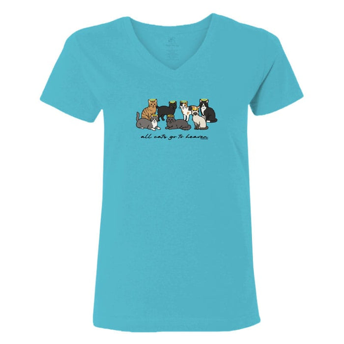 Turquoise t-shirt with a graphic of cats and text on a white background