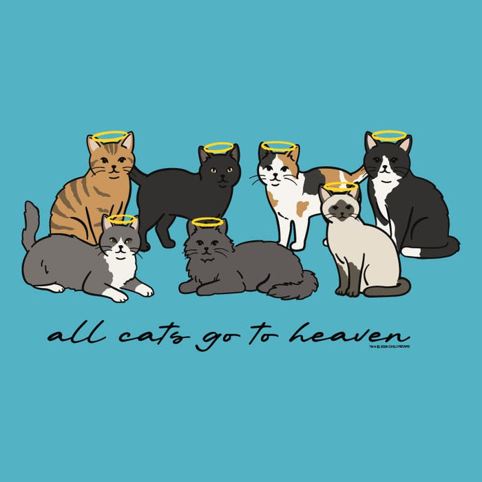 Illustration of seven cats with angel wings and halo on a blue background with 'all cats go to heaven' text.