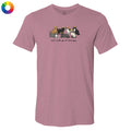 Pink t-shirt with cat graphic and text on a white background