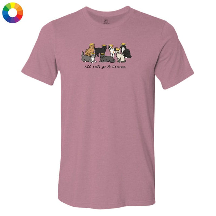 Pink t-shirt with cat graphic and text on a white background