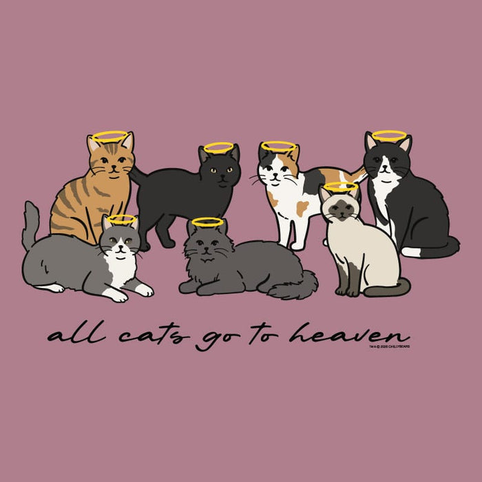 Illustration of seven cats with angel wings on a pink background with text 'all cats go to heaven'.