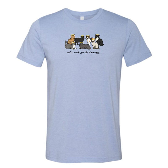 Light blue t-shirt with cat graphic and text on a white background