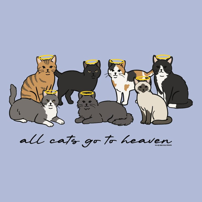 Illustration of seven cats with angel wings on a light blue background, with text 'all cats go to heaven'.