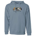 Blue hoodie with cartoon cat and dog design on a white background