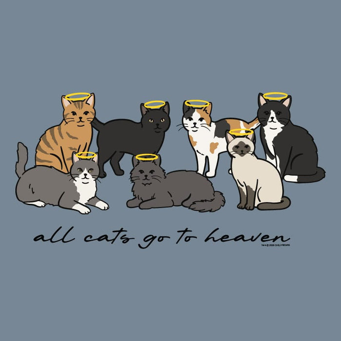Illustration of seven cats with angel wings and halo on a blue background with 'all cats go to heaven' text.