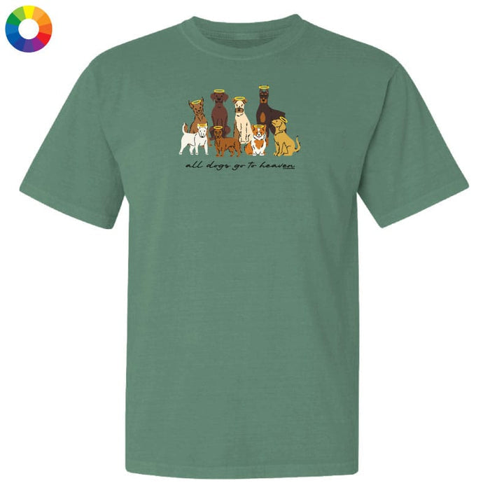 Green t-shirt with dog illustration and text on a white background