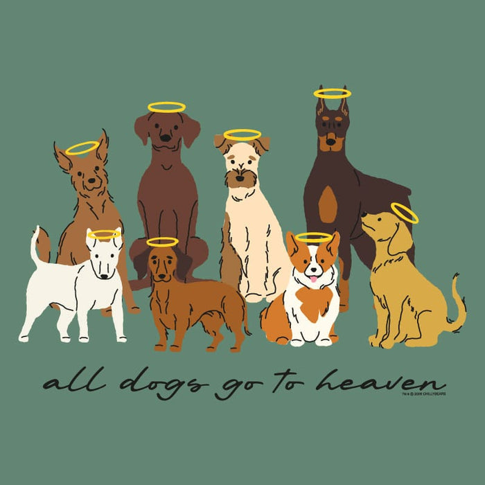Illustration of dogs with angelic features on a green background with 'all dogs go to heaven' text.
