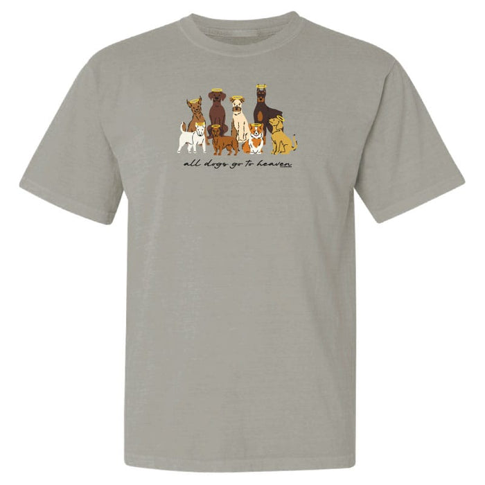 Gray t-shirt with a graphic of dogs and the text 'all dogs go to heaven' on a white background