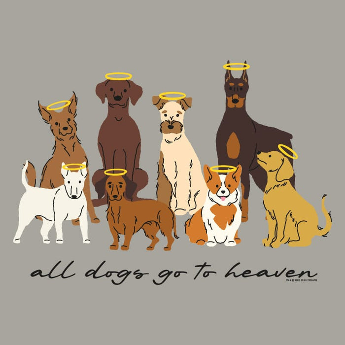 Illustration of dogs with halos and 'all dogs go to heaven' text on a gray background