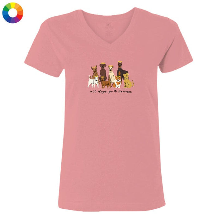 Pink t-shirt with dog illustrations and text on a white background
