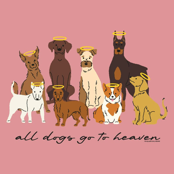 Illustration of dogs with halos and 'all dogs go to heaven' text on a pink background