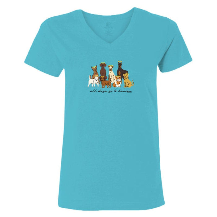 Turquoise t-shirt with a graphic of dogs and text on a white background