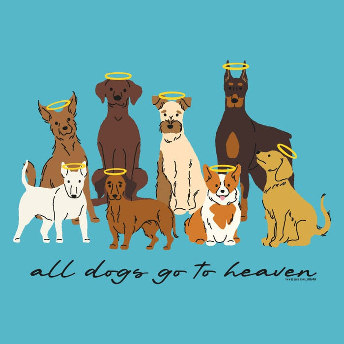Illustration of dogs with angelic halos and 'all dogs go to heaven' text on a blue background