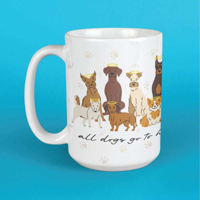 Mug with illustration of dogs with angelic halos and 'all dogs go to heaven' text