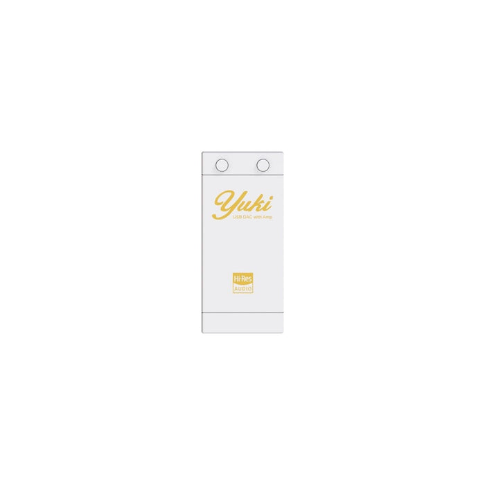 A white rectangular device labeled "Aune Audio YUKI Portable DAC and Headphone Amplifier" is shown on a plain white background. This portable USB DAC from Aune Audio also features a built-in headphone amplifier, delivering high-quality audio performance in a compact design.