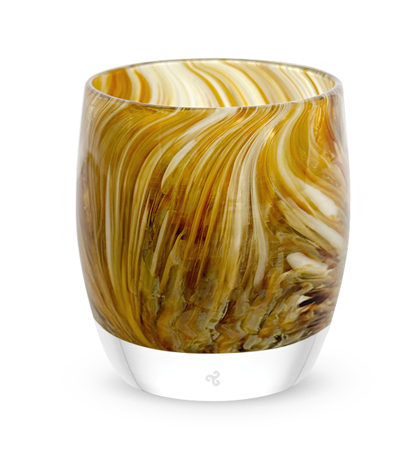 autumn leaves,  yellow brown raked hand-blown glass votive candle holder