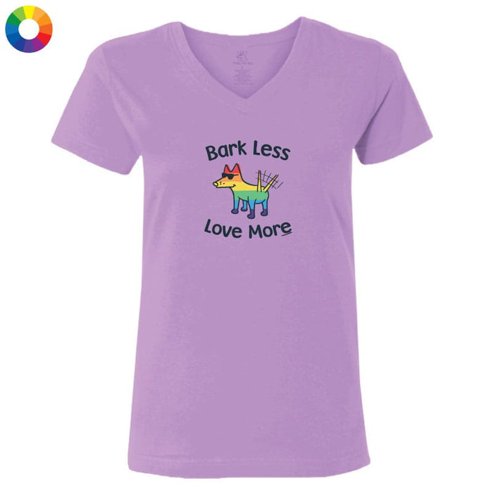 Purple t-shirt with a colorful dog graphic and text 'Bark Less Love More' on a white background.