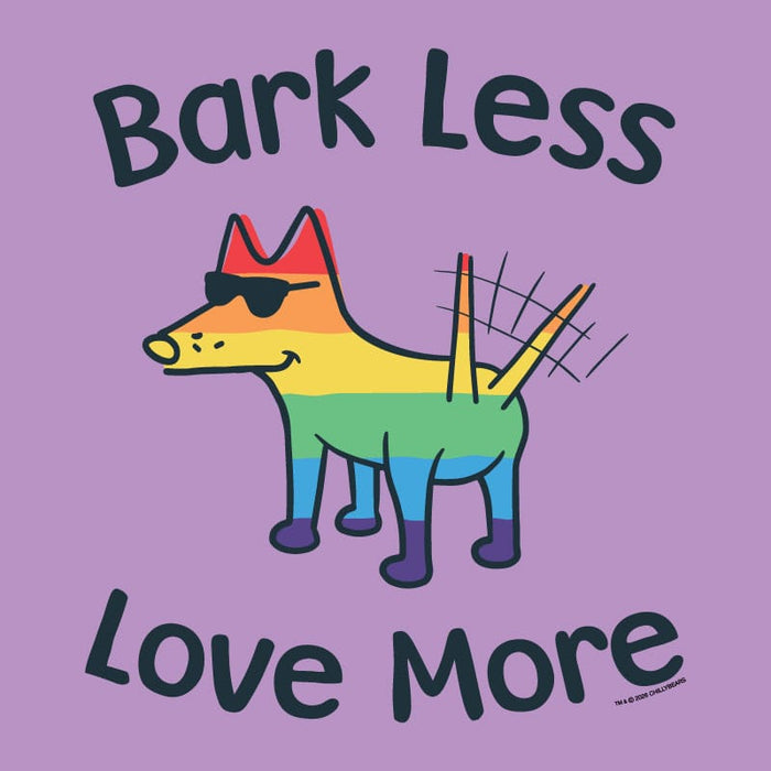 Colorful dog illustration with sunglasses and a rainbow pattern on a purple background with text 'Bark Less Love More'.