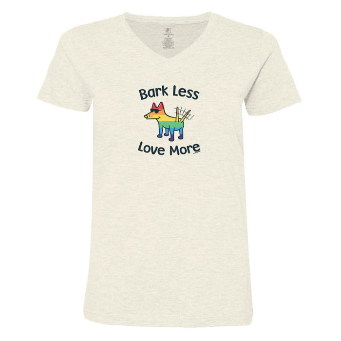 Beige t-shirt with a colorful dog graphic and text 'Bark Less Love More' on a white background