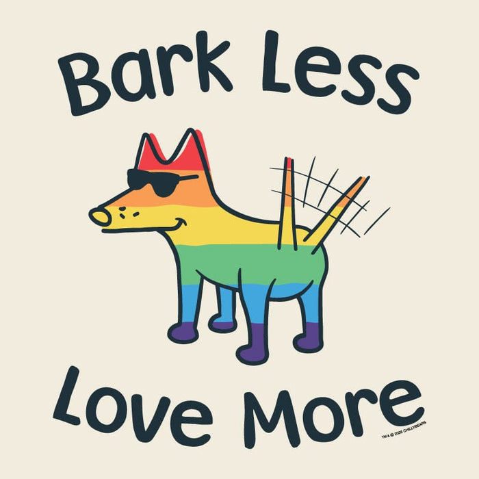 Colorful dog illustration with rainbow colors and text 'Bark Less Love More' on a beige background