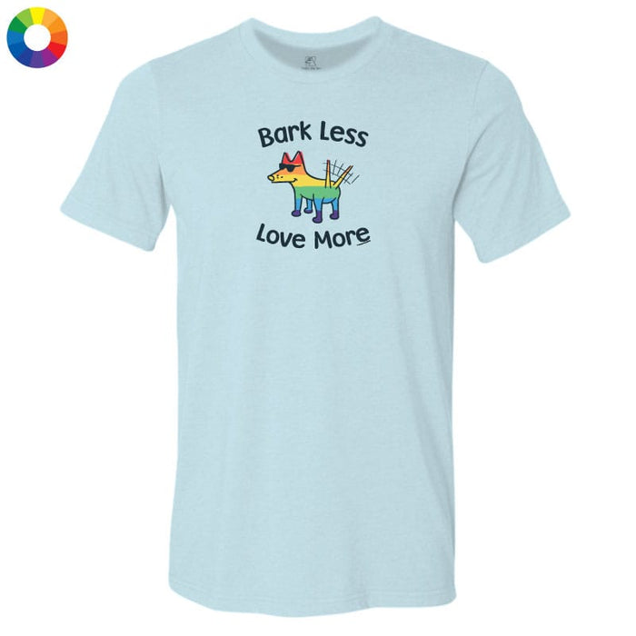 Light blue t-shirt with a colorful dog graphic and text 'Bark Less Love More' on a white background.