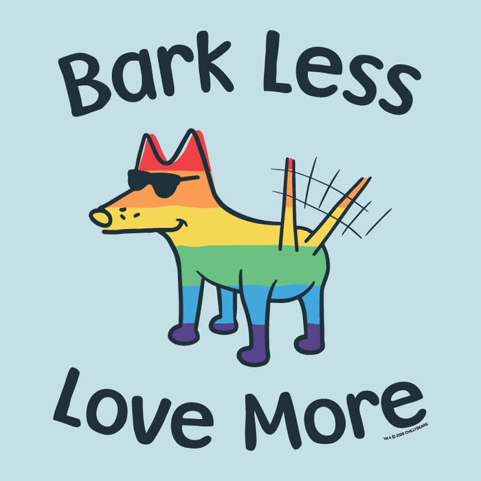 Colorful dog illustration with sunglasses and a rainbow-colored body on a light blue background, featuring the text 'Bark Less Love More'.