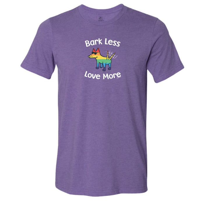 Purple t-shirt with a colorful dog graphic and text 'Bark Less Love More' on a white background