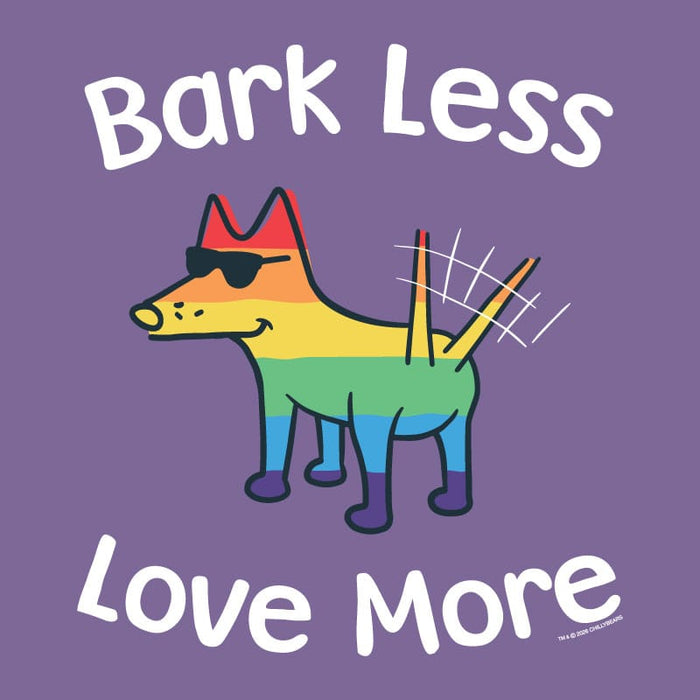 Colorful dog illustration with sunglasses and rainbow colors on a purple background with text 'Bark Less Love More'.