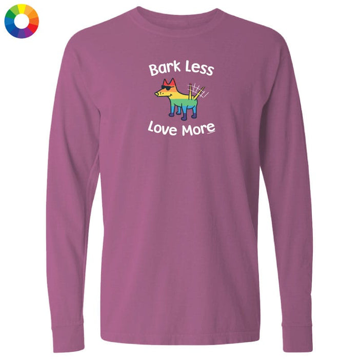 Purple long-sleeve shirt with a colorful dog graphic and text 'Bark Less Love More' on a white background.