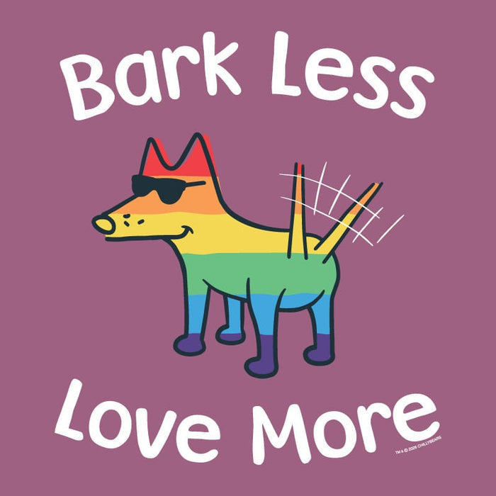 Colorful dog illustration with sunglasses and rainbow stripes on a purple background with text 'Bark Less Love More'.