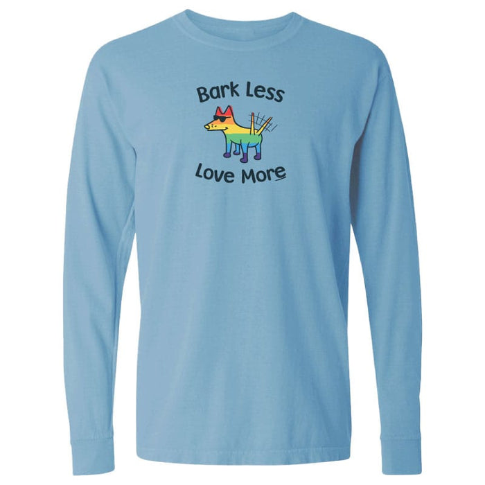 Light blue long-sleeve shirt with a colorful dog graphic and text 'Bark Less Love More' on a white background.