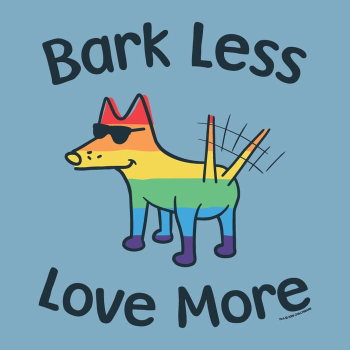 Colorful dog illustration with sunglasses and a rainbow stripe on a blue background with text 'Bark Less Love More'.