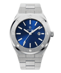Front view of Paul Rich brushed silver watch with deep blue sunray dial, silver markers, and date window, on transparent background.