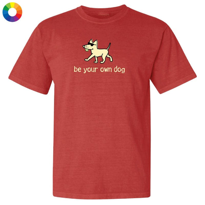 Red t-shirt with a dog graphic and 'be your own dog' text on a white background