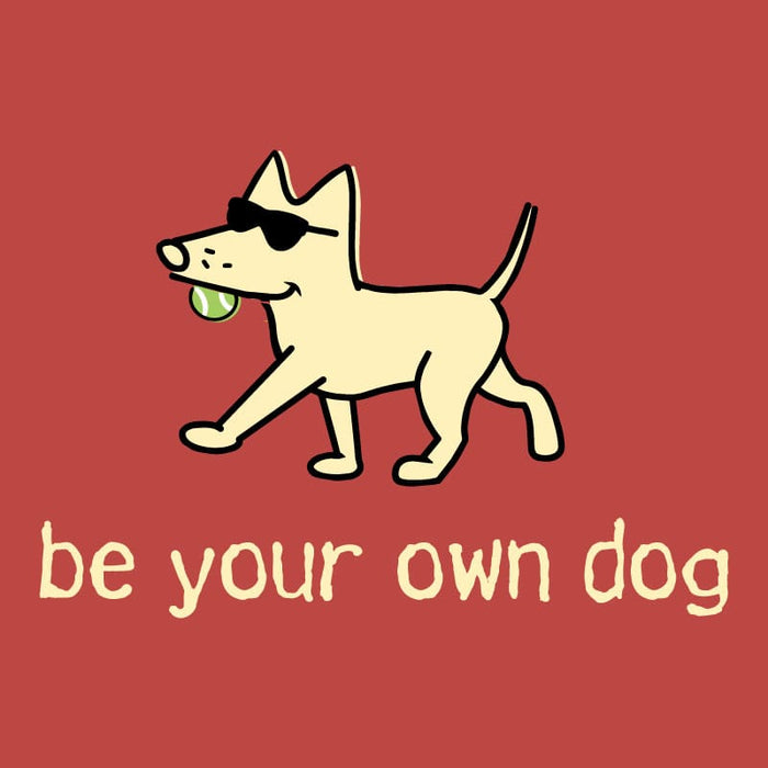 Cartoon dog with sunglasses and a tennis ball, with text 'be your own dog' on a red background